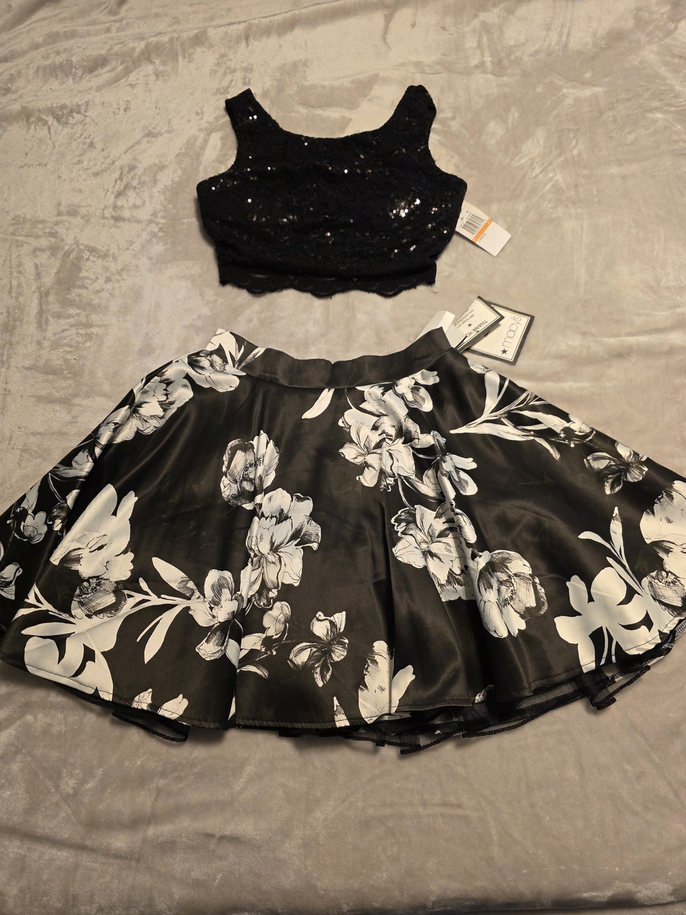 Macy's Black Sequin Crop Top with Black & White Floral Skirt